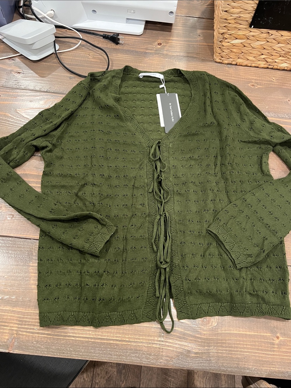Tie-Front Olive Green Knit Cardigan Sweater